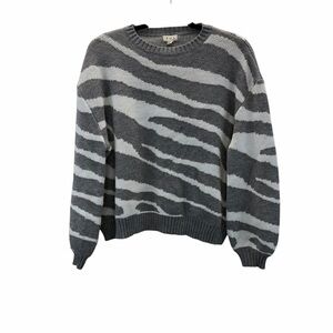POL Zebra Stripe Knit Sweater Gray Cream Crewneck Cozy Pullover M